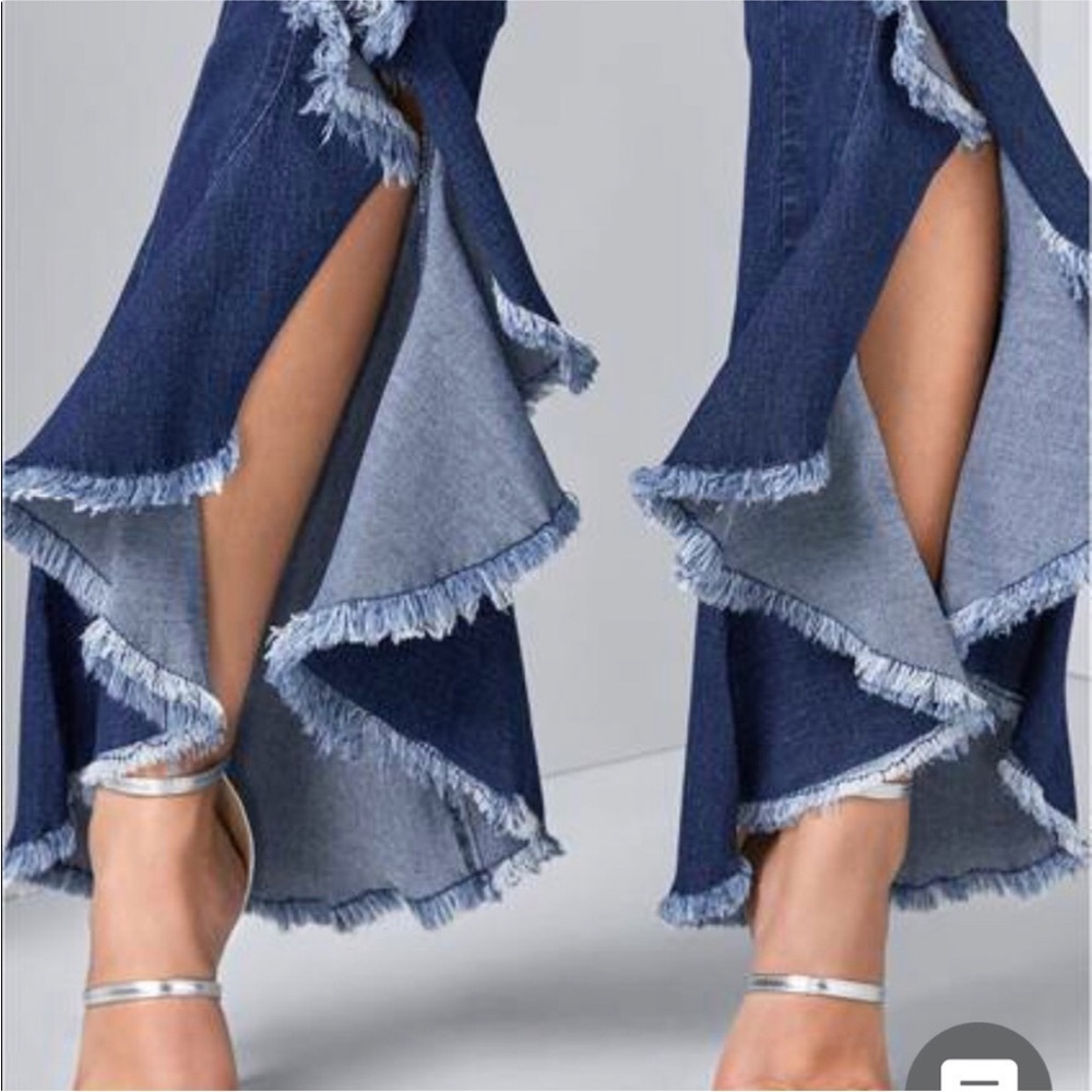 VENUS stretch dark blue high ruffle slit leg 5 pocket flared fitted denim Jeans - Picture 5 of 12